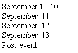 Text Box: September 1 10 September  11September  12September  13Post-event