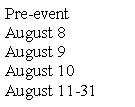 Text Box: Pre-eventAugust 8August 9August 10August 11-31