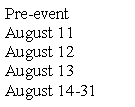 Text Box: Pre-eventAugust 11August 12August 13August 14-31