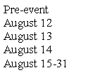 Text Box: Pre-eventAugust 12August 13August 14August 15-31